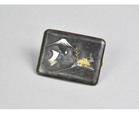 A Japanese Damascene Cigarette Case Decorated in Silver and 24ct Gold Depicting Cottage and Boats Below Mount Fuji and Signed
