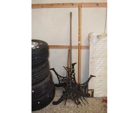 Mixed Lot: Cast iron bench ends, hand tools etc