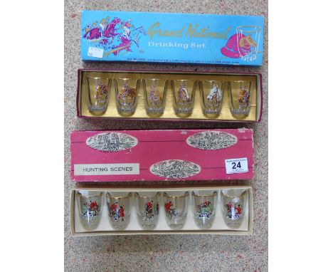 2 BOXES OF VINTAGE GLASSES 1 WITH HUNTING SCENES + 1 WITH 1950s GRAND NATIONAL WINNERS