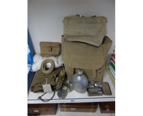 QUANTITY OF MILITARY ITEMS INCLUDING 1940s BRITISH ARMY TROUSERS, BACK BACK, CUTLERY SET WATER BOTTLE ETC