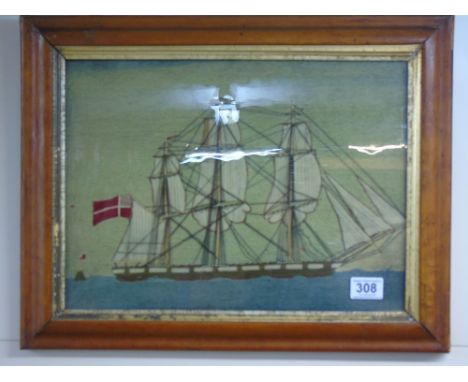 VINTAGE EMBROIDERED PICTURE OF A SAILING SHIP