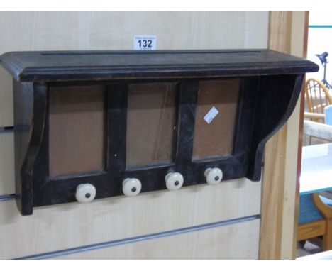 VINTAGE WOODEN COAT RACK WITH PICTURE FRAME SPACE & PORCELAIN HANGERS