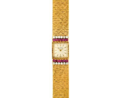 Bueche Girod: A Lady's 18 Carat Gold Diamond and Ruby Set Wristwatch, signed Bueche Girod,1964, manual wound lever movement, 