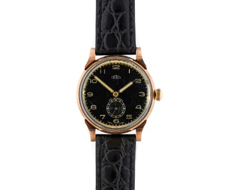 Trebex: A 9 Carat Gold Wristwatch, signed Trebex, 1946, manual wound lever movement signed, black dial with luminous Arabic n