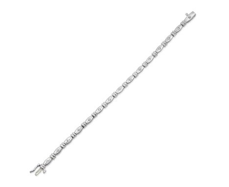 A Platinum Diamond Braceletthe lozenge shaped links inset with round brilliant cut diamonds, spaced by grooved rectangular li