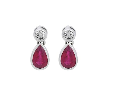 A Pair of 18 Carat White Gold Ruby and Diamond Drop Earringsthe round brilliant cut diamond suspends a pear cut ruby, in rubb