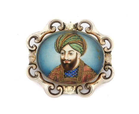 A Portrait Miniature Broochthe oval frame containing a miniature depicting a gentleman in headdress, within a yellow scroll f