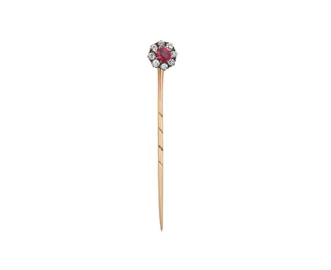 A Ruby and Diamond Cluster Stick Pinthe cushion cut ruby within a border of old cut diamonds, in yellow claw settings, total 