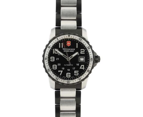 Victorinox: A Stainless Steel and Black PVD Coated Automatic Calendar Centre Seconds Wristwatch, signed Victorinox, Swiss Arm