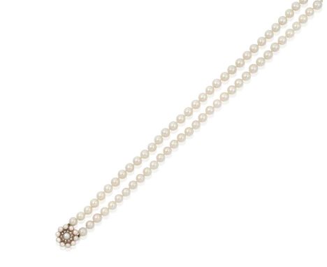 A Double Row Cultured Pearl Necklace, with A 9 Carat Gold Cultured Pearl and Diamond Clasp the 49:52 cultured pearls knotted 