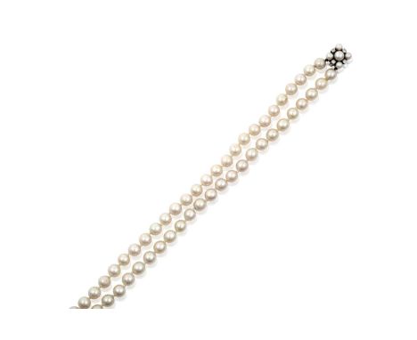 A Double Row Cultured Pearl Necklace, with An 18 Carat Gold Cultured Pearl and Diamond Clasp the 40:42 cultured pearls knotte