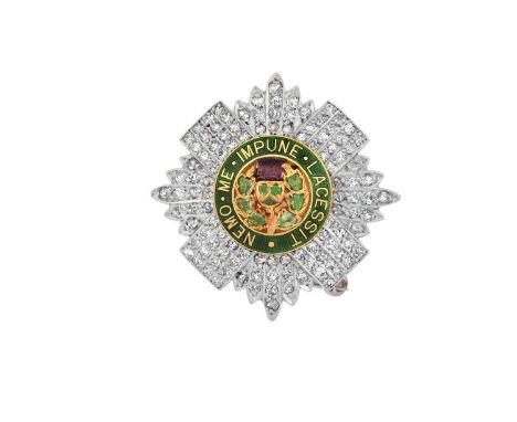A Diamond, Amethyst, Green Garnet and Enamel Scots Guards Regimental Broochthe central thistle motif comprising of a fancy cu