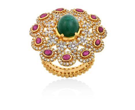 A Diamond, Ruby and Emerald Cluster Ringthe oval cabochon emerald within a border of rose cut diamond clusters, to a further 