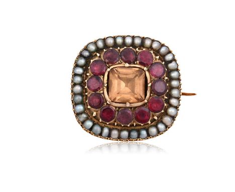 A Georgian Garnet, Citrine and Split Pearl Broochthe square step cut citrine within a border of round cut garnets, and a furt