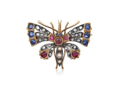 A Victorian Ruby, Sapphire, Diamond and Split Pearl Butterfly Brooch set throughout with round and oval cut sapphires and rub