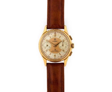 Verdal: A Gold Plated Chronograph Wristwatch, signed Verdal, circa 1955, manual wound lever movement, silvered dial with Arab