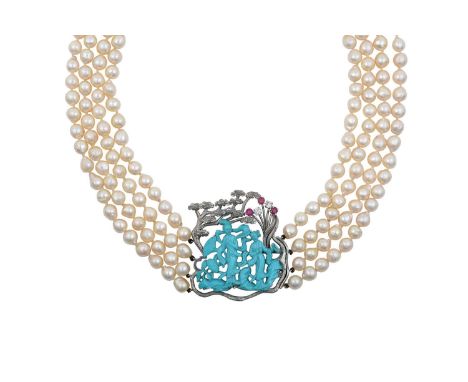 A Four Row Cultured Pearl Necklace, with A Turquoise, Ruby and Diamond Clasp the 53:55:58:62 baroque cultured pearls knotted 