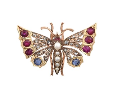 A Victorian Ruby, Sapphire, Diamond and Split Pearl Butterfly Brooch set throughout with round and oval cut sapphires and rub