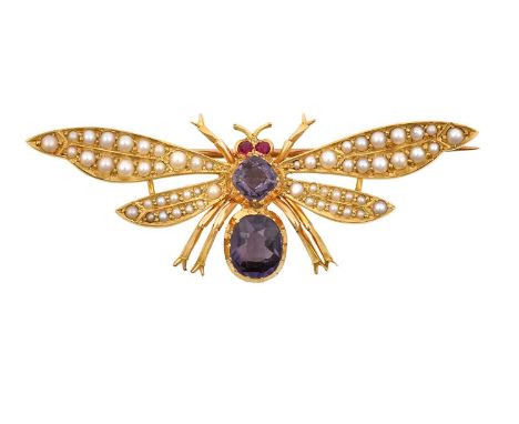 A Synthetic Ruby, Purple Stone and Split Pearl Broochrealistically modelled as an insect, with an oval cut and cushion cut pu