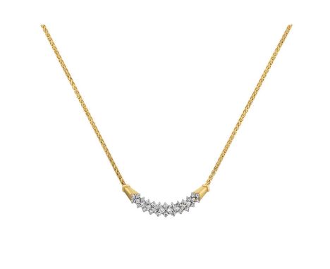 A Diamond Necklacethe central section formed of three rows of round brilliant cut diamonds, in white claw settings, to yellow