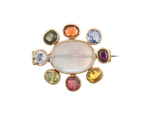 A Multi Gem-Set Broochthe oval cabochon moonstone within a border of oval cut peridot, rock crystal, tourmaline, citrine, sap