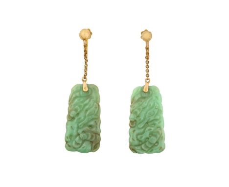 A Pair of Jade Drop Earringsthe yellow bead suspends a rectangular carved and pierced jade plaque by a trace link chain, with