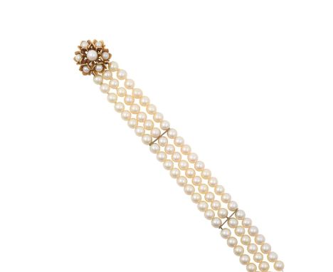 A Triple Row Cultured Pearl Bracelet, with A 9 Carat Gold Cultured Pearl Cluster Claspeach row of twenty-six cultured pearls 