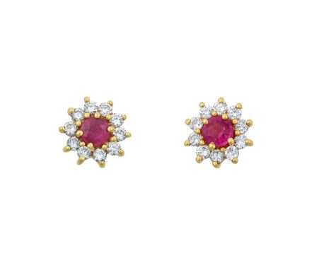 A Pair of 18 Carat Gold Ruby and Diamond Cluster Earringsthe round cut rubies within borders of round brilliant cut diamonds,