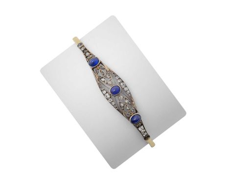 A Sapphire and Diamond Bracelet, first quarter 20th centurythe central section comprising of three oval cabochon sapphires to