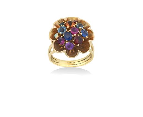 A 9 Carat Gold Multi-Gem Set Ringthe cluster set throughout with vari-sized round cut amethyst, ruby, sapphire, emerald, opal