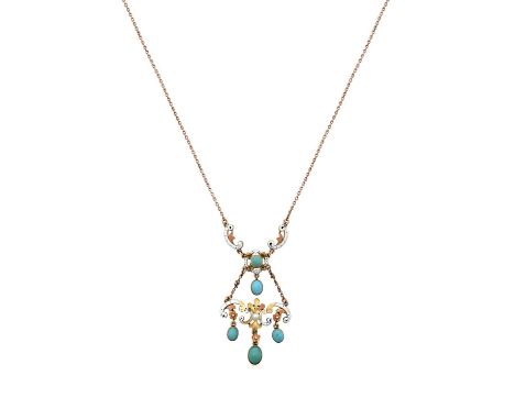 An Early 20th Century Turquoise, Split Pearl and Enamel Necklacethe central cluster formed of a cabochon turquoise within a f