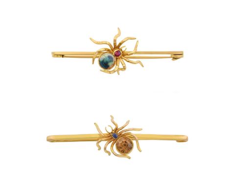 Two Novelty Broochesboth realistically modelled as spiders on yellow tapered bars, one comprising of a round cabochon opal an