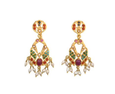 A Pair of Multi-Gem Set Drop Earringsa pierced circular plaque suspends a similar pear shaped plaque, set throughout with rou