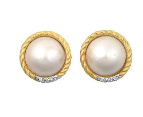 A Pair of 9 Carat Gold Mabe Pearl and Diamond Earringsthe mabe pearls within yellow textured surrounds with an eight-cut diam