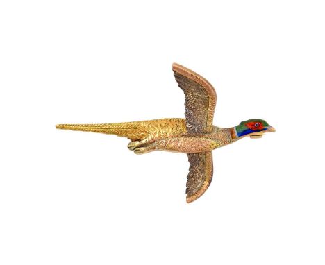 A 9 Carat Gold Enamel Broochrealistically modelled as a flying pheasant, with textured wings, tail and body, and the head ena