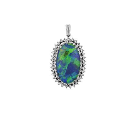 A Chinese Composite Opal and Diamond Pendantthe oval cabochon composite opal within a double stepped border of round brillian