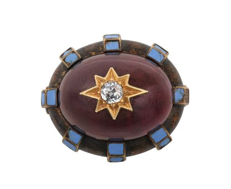 A Victorian Garnet, Diamond and Enamel Broochthe oval cabochon garnet inset centrally with an old cut diamond in a yellow sta