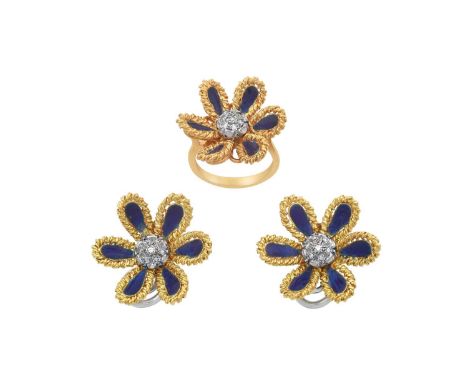 An Enamel and Diamond Ring and Matching Earringsrealistically modelled as flowerhead motifs, with a cluster of eight-cut diam