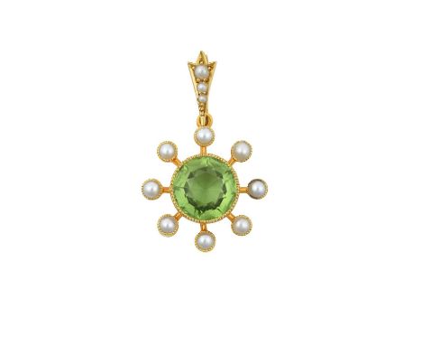 An Edwardian Peridot and Split Pearl Pendantthe round cut peridot within a border of split pearls, in yellow millegrain setti