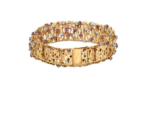 A 9 Carat Gold Ruby and Diamond Braceletthe yellow textured bark effect set throughout with round brilliant cut diamonds and 