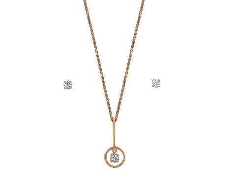 A Diamond Solitaire Pendant on Chain and A Pair of Diamond Solitaire Earringsthe round brilliant cut diamond in a yellow four