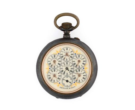 A Gunmetal World Time Open Faced Pocket Watch, circa 1920, manual wound lever movement signed The Normal Watch, enamel dial w