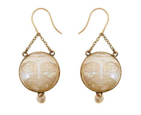 A Pair of Moonstone and Pearl Drop Earringsthe circular moonstone plaques carved to depict faces, in yellow millegrain settin