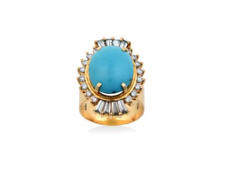 A Turquoise and Diamond Cluster Ringthe oval cabochon turquoise within a stylised border of tapered baguette cut and round br