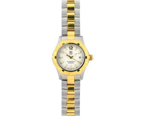 Tag Heuer: A Lady's Bi-Metal Calendar Centre Seconds Wristwatch, signed Tag Heuer, 300 meters, model: Aquaracer, ref: WAF1424