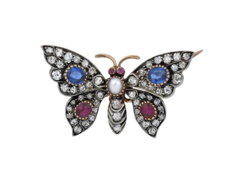 An Early 20th Century Ruby, Sapphire, Diamond and Split Pearl Butterfly Broochset throughout with a split pearl, oval cut sap