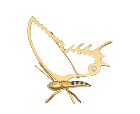 An 18 Carat Gold Diamond and Lapis Lazuli Broochrealistically modelled as a butterfly, the yellow plain polished frame with l