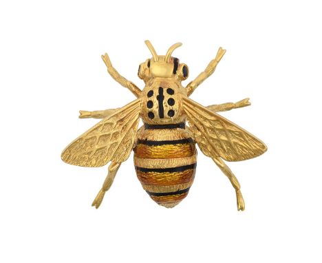 An 18 Carat Gold Sapphire and Enamel Broochrealistically modelled as a bee, the yellow textured motif with orange and black e