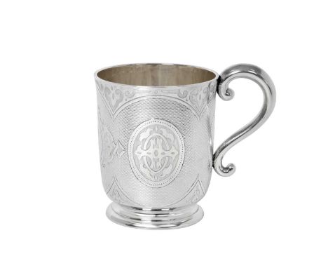 A Victorian Silver Mug,  by Edward Ker Reid, London, 1865 baluster and on spreading foot, engraved with foliage within engine