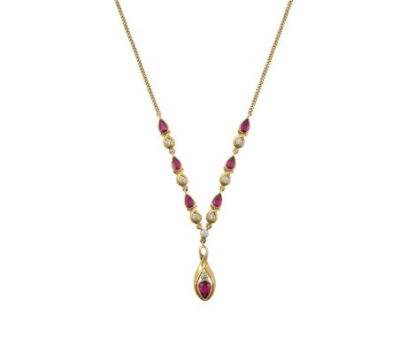 An 18 Carat Gold Ruby and Diamond Necklacepear cut rubies alternate with round brilliant cut diamonds, with a similarly forme